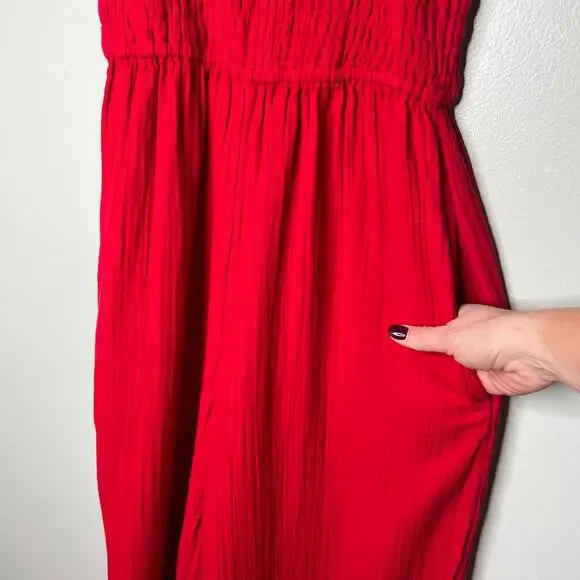 Quince Women's Organic Cotton Gauze Smocked Wide Leg Jumpsuit Cherry Red Sz S - Picture 5 of 11